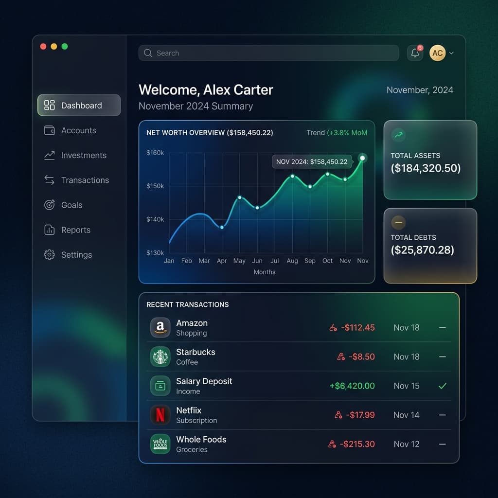 Safe Spend Dashboard showing income, spending charts, and transactions